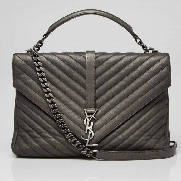 Yves Saint Laurent Grey Chevron Quilted Calfskin Leather Monogram Large Colle... - Picture 1 of 12
